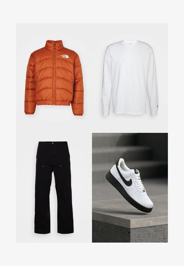 Doudoune orange, avec un col montant, une fermeture éclair, des motifs cousus et un logo sur la poitrine gauche. Deux poches latérales.; T-shirt blanc à manches longues en coton. Design à col rond avec des poignets côtelés et un petit logo sur la manche gauche. Texture lisse.; Pantalons en denim noir avec une coupe droite, présentant des accents en métal doré et des coutures visibles sur les poches avant et arrière.; Baskets en cuir blanc avec accents noirs, bout arrondi et détails perforés. Semelle en caoutchouc noire avec motif texturé et fermeture à lacets.