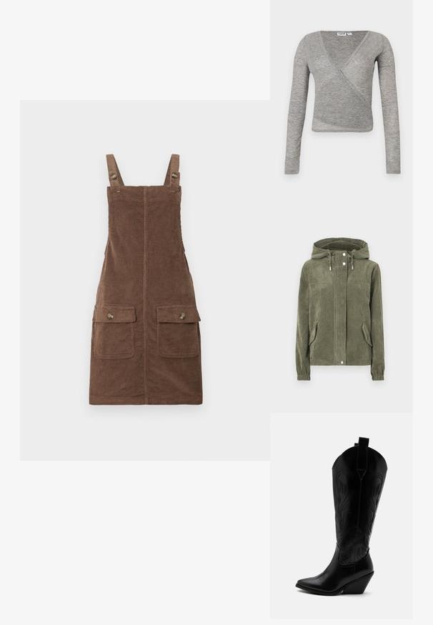 Vihreä corduroy-takki hupulla, jossa on täysi etuvetoketju, kiristysnauhat, kaksi sivutaskua ja ribbireunat.; Harmaa pitkähihainen kietaisupaita poimutetulla pinnalla. Siinä on syvä V-kaula-aukko ja vartalonmyötäinen leikkaus, sopii kerrospukeutumiseen tai rentoon käyttöön.; Ruskea samettinen overall-mekko, jossa on säädettävät hihnat, kaksi etutaskua ja keskisauma. Rakenteellinen kangas, jossa on pehmeä ilme.; Musta nahkainen cowboy-saapas, jossa on kärkiosassa kärki, viistottu lohkokorko, koristeompeleet ja vetonauhat yläosassa valkoista taustaa vasten.