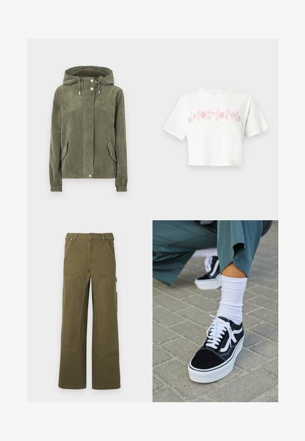 Vihreä corduroy-takki hupulla, jossa on täysi etuvetoketju, kiristysnauhat, kaksi sivutaskua ja ribbireunat.; Valkoinen lyhythihainen crop-top t-paita, jossa on pinkki kukkakuosi ja figuurigrafiikka rinnassa. Valmistettu puuvillasta.; Olivgrön cargobyxor gjorda av slitstark tyg, med vida ben, flera fickor och metallhårdvara för ökad funktionalitet.; Mustat mokkakengät valkoisilla yksityiskohdilla ja nauhoilla, joissa on paksu valkoinen pohja ja kontrastivärinen ommel, yhdistettynä valkoiseen sukkaan.
