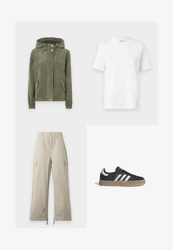 Chaqueta de pana verde con capucha, que presenta un cierre frontal completo, cordones ajustables, dos bolsillos laterales y puños acanalados.; Camiseta de algodón blanca de cuello redondo con mangas cortas y una textura suave. Diseñada con un ajuste relajado para mayor comodidad y versatilidad.; Pantalones cargo de color beige claro con un ajuste relajado, que cuentan con cierre de botón, bolsillos laterales y dobladillo ajustable con cordones. Textura de tela suave.; Zapatilla deportiva de cuero negro con tres rayas plateadas, punta texturizada y suela de goma. Cuenta con un collar acolchado y un diseño con cordones.