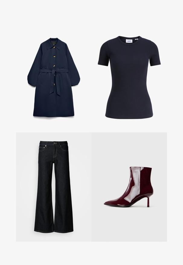 Manteau long bleu marine avec de grands boutons, taille ceinturée, col large, poches latérales inclinées et manches longues bouffantes.; T-shirt moulant côtelé bleu marine à manches courtes avec encolure ronde et étiquette de marque JJXX à l'intérieur du col.; Jean en denim foncé à jambes larges avec une taille haute, un design à cinq poches et une couture contrastée jaune le long des coutures.; Bottine brillante rouge foncé à bout pointu et talon fin mi-haut sur un fond clair.
