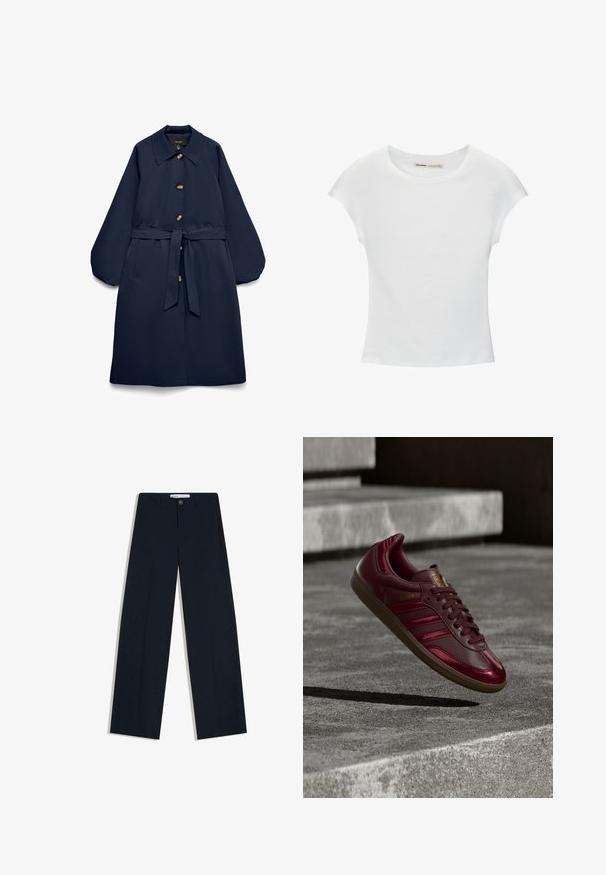 Manteau long bleu marine avec de grands boutons, taille ceinturée, col large, poches latérales inclinées et manches longues bouffantes.; T-shirt en coton blanc avec manches courtes retroussées, encolure ronde et ourlet droit. Texture lisse sans motifs ni accents visibles.; Pantalon bleu marine foncé sur mesure avec fermeture par bouton et zip, jambes droites, et texture subtile à fines rayures sur fond blanc.; Baskets en cuir bordeaux avec trois bandes sombres, lettrage doré, semelle texturée et finition lisse. Surélevées sur un fond en béton.