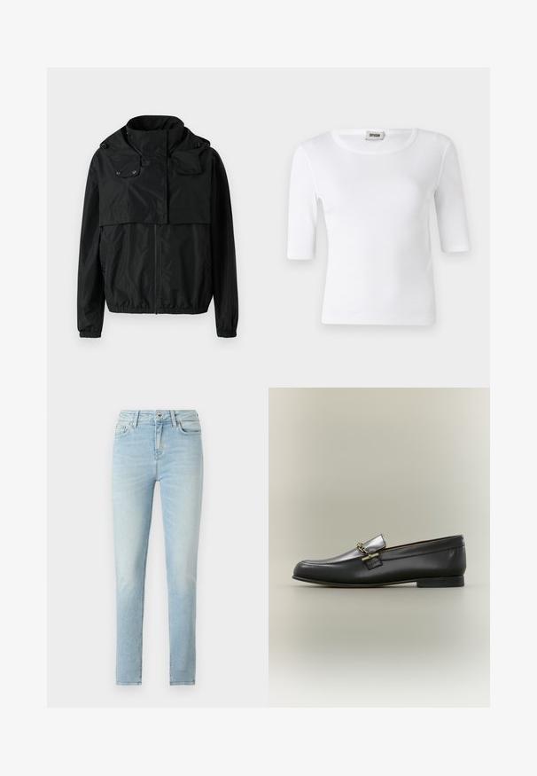 Zwarte windbreakerjack met hoge kraag, ritssluiting aan de voorkant, elastische manchetten en een cropped ontwerp. Soepele, lichte stof zonder patronen.; Witte geribde T-shirt met een ronde halslijn en ellebooglange mouwen. Gemaakt van zacht materiaal met een gladde textuur. Label zichtbaar bij de halslijn.; Lichtblauwe skinny jeans met een vervaagde wassing, vijf-pocket ontwerp, rits- en knoopsluiting en een lichte stretch voor comfort.; Zwarte leren loafer met zilveren bovenkant, gouden kettingdetail, lage hak en afgeronde neus op een neutrale achtergrond.