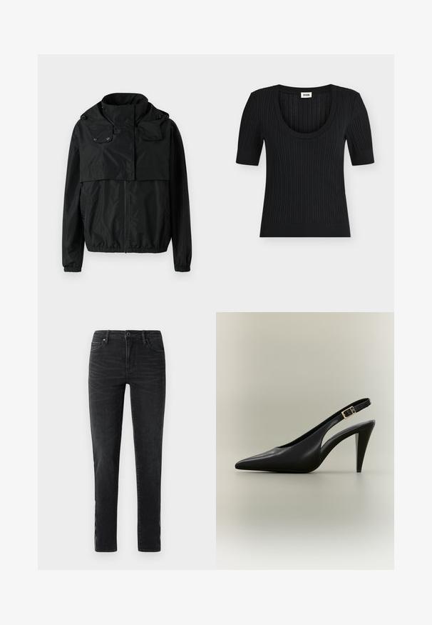 Schwarze Windbreaker-Jacke mit hohem Kragen, vorderem Reißverschluss, elastischen Bündchen und einem cropped Design. Glattes, leichtes Material ohne Muster.; Schwarzes, geripptes Strick-Top mit kurzen Ärmeln und Rundhalsausschnitt, figurbetont, mit DRYKORN-Label am Halsausschnitt.; Schwarze Slim-Fit-Jeans mit Frontknopf, Gürtelschlaufen und subtilen Ausbleichungen an den Seiten und vorderen Oberschenkeln.; Schwarzer spitzer Slingback-Pumps aus Leder mit goldener Schnalle und einem zulaufenden Absatz vor neutralem Hintergrund.
