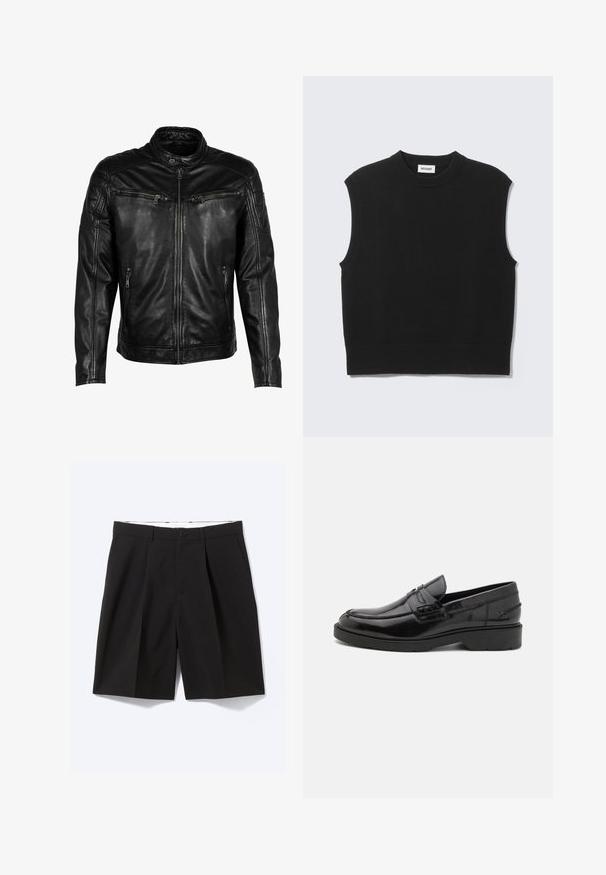 Chaqueta de cuero negra con cuello alzado, cierre frontal y cuatro bolsillos con cremallera. Presenta detalles acolchados en los hombros y un acabado suave.; Suéter negro sin mangas confeccionado con tejido de punto suave. Cuello redondo y bajo acanalados. Diseño sencillo sin patrones ni detalles adicionales.; Pantalones cortos negros confeccionados a medida hasta la rodilla con trabillas para cinturón, bolsillos laterales, cierre con botones y pinzas delanteras, extendidos sobre un fondo blanco.; Mocasines de cuero negro con un acabado suave, punta redondeada, tacón bajo y costura decorativa en la parte delantera. Suela de goma para mayor agarre.