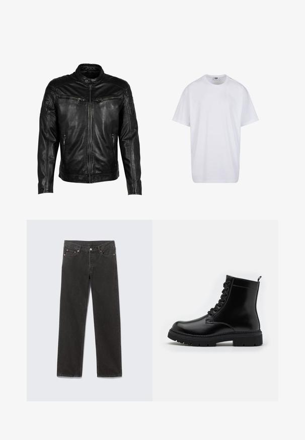 Chaqueta de cuero negra con cuello alzado, cierre frontal y cuatro bolsillos con cremallera. Presenta detalles acolchados en los hombros y un acabado suave.; Camiseta blanca lisa de algodón, de manga corta, con cuello redondo y etiqueta visible de talla y marca dentro del cuello.; Vaqueros de mezclilla negros de pierna recta con bolsillos frontales, trabillas para cinturón y cierre de botón, colocados planos sobre un fondo gris.; Botín negro de cuero hasta el tobillo con puntera redonda, diseño de cordones, suela texturizada y una pestaña en la parte posterior para ponerlo fácilmente.