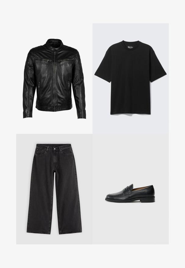 Chaqueta de cuero negra con cuello alzado, cierre frontal y cuatro bolsillos con cremallera. Presenta detalles acolchados en los hombros y un acabado suave.; Camiseta negra de algodón de manga corta y corte holgado, con cuello redondo, mostrada sobre un fondo claro y liso.; Vaqueros negros de pierna ancha con bolsillos delanteros, trabillas para cinturón y cierre de botones, mostrados sobre un fondo liso y claro.; Mocasines de cuero negro con punta redonda, que cuentan con un detalle de correa frontal y un tacón bajo y sólido. Textura suave y diseño estilizado.