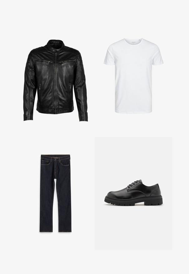 Chaqueta de cuero negra con cuello alzado, cierre frontal y cuatro bolsillos con cremallera. Presenta detalles acolchados en los hombros y un acabado suave.; Camiseta de manga corta y cuello redondo en blanco sólido, fabricada en algodón suave, presenta un diseño simple sin patrones ni acentos visibles.; Jeans de mezclilla rectos de color azul oscuro con bolsillos frontales, lazos para cinturón y costuras naranjas en contraste, dispuestos sobre un fondo blanco.; Zapatos de cuero negro con punta redondeada, diseño con cordones y una suela de goma gruesa y texturizada. Presentan costuras a lo largo del borde y un acabado suave.