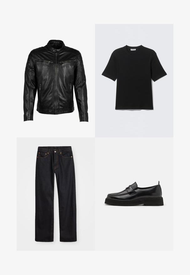 Chaqueta de cuero negra con cuello alzado, cierre frontal y cuatro bolsillos con cremallera. Presenta detalles acolchados en los hombros y un acabado suave.; Camiseta negra de manga corta con cuello redondo y etiqueta "WEEKDAY" en el interior del cuello, mostrada plana sobre un fondo claro.; Jeans de mezclilla negros de pierna recta para hombre, con cinco bolsillos y costuras en color naranja, cierre de botón y cremallera en la parte delantera de la cintura.; Zapatos estilo mocasín de cuero negro con suela plana y texturizada, con puntera cosida y una correa a lo largo del empeine.