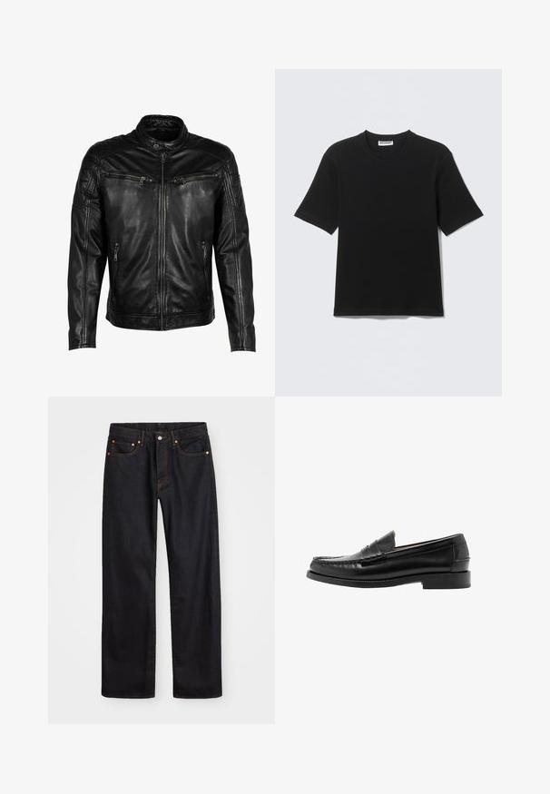 Chaqueta de cuero negra con cuello alzado, cierre frontal y cuatro bolsillos con cremallera. Presenta detalles acolchados en los hombros y un acabado suave.; Camiseta negra de manga corta con cuello redondo y etiqueta "WEEKDAY" en el interior del cuello, mostrada plana sobre un fondo claro.; Jeans de mezclilla negros de pierna recta para hombre, con cinco bolsillos y costuras en color naranja, cierre de botón y cremallera en la parte delantera de la cintura.; Mocasín penny de cuero negro con puntera mocasín cosida, tacón bajo y acabado liso y pulido, mostrado de lado sobre fondo blanco.