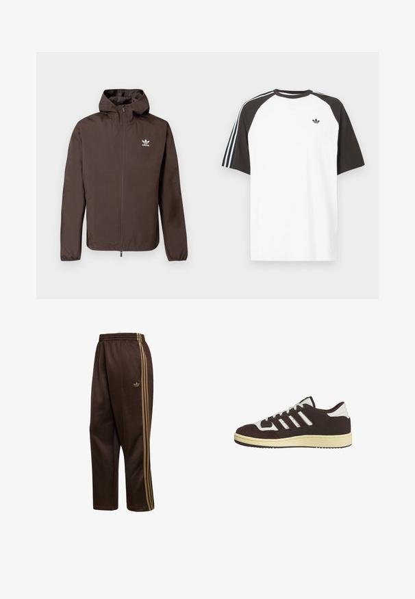 Hnědá kapucí zdobená bunda z lehkého materiálu. Disponuje zipem na celé délce a bílým logem Adidas na levé straně hrudi. Jemná textura.; Bílé tričko s černými raglánovými rukávy, s modrými pruhovanými akcenty na ramenou a malým černým logem na hrudi.; Hnědé tepláky Adidas s elastickým pasem a zlatými třemi pruhy po stranách, s logem Adidas trefoil na jedné nohavici.; Nízký černobílý teniska Adidas s semišovými překryvy, třemi pruhy po straně, bílými tkaničkami a béžovou gumovou podrážkou.