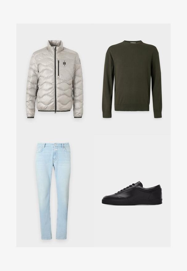 Veste matelassée légère gris clair avec col montant, fermeture éclair intégrale à l'avant, poche poitrine zippée et poches latérales, poignets et ourlet élastiqués.; Pull uni vert foncé à manches longues et col rond, avec poignets et ourlet côtelés, présenté sur un fond gris clair.; Jean slim bleu clair avec bouton à l'avant, fermeture éclair et cinq poches, posé à plat sur un fond blanc uni.; Baskets basses en cuir noir avec lacets sur le devant et semelle en caoutchouc plate, vues de côté sur un fond blanc uni.