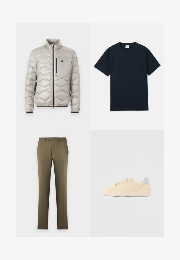 Veste matelassée légère gris clair avec col montant, fermeture éclair intégrale à l'avant, poche poitrine zippée et poches latérales, poignets et ourlet élastiqués.; T-shirt à manches courtes en bleu marine uni avec un petit logo embossé près de l'ourlet inférieur.; Pantalon homme coupe slim vert olive avec passants pour ceinture, poches avant et fermeture à glissière sur un fond clair uni.; Baskets basses beige à lacets, semelle rose clair et languette grise à l'arrière marquée "Filling Pieces", vues de profil sur fond uni.