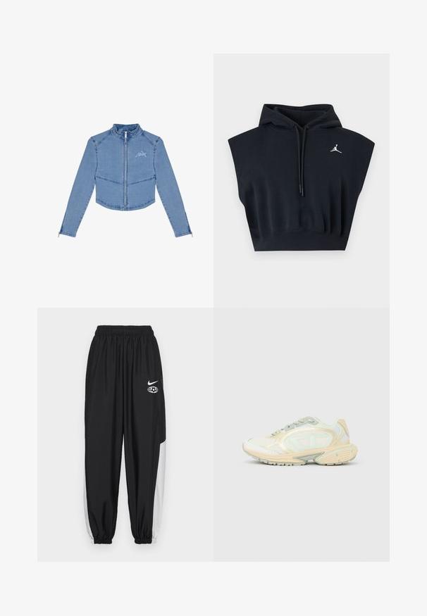 Lühendatud sinepikollane denimjakk, millel on pikad varrukad, lukuga eesmine osa, kõrge krae ja broderi logo vasakul rinnal.; Mustast varrukateta lühendatud dressisärk kapuutsiga, paeladega ja väikese valge Jumpman-logo vasakul rinnal.; Nike Sportswear Dresside alumine osa - black/summit white; Valge ja beež sportlik toss, millel on võrgust ja nahast detailid, pehmendusega tald ning paelaga kinnituskohad, vaadatuna küljelt ühetaustal.