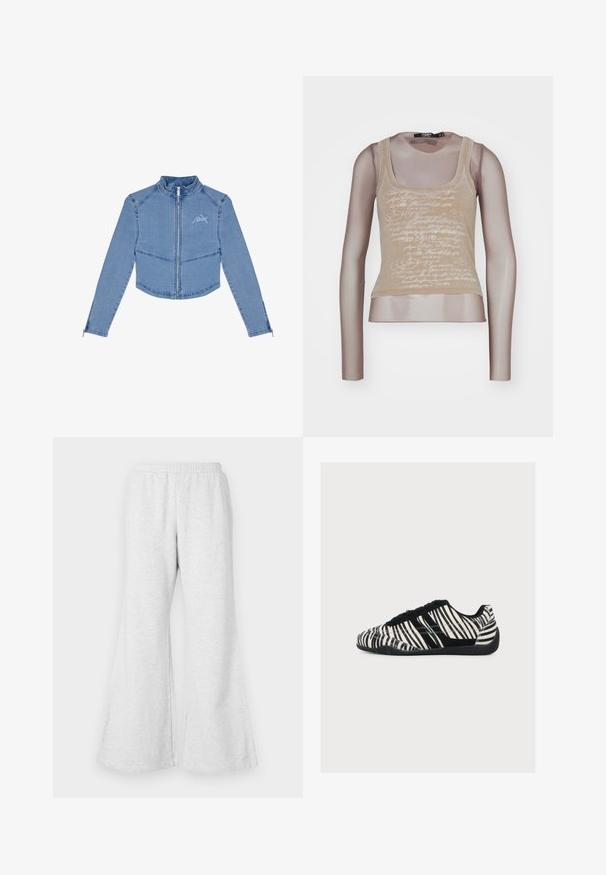 Lühendatud sinepikollane denimjakk, millel on pikad varrukad, lukuga eesmine osa, kõrge krae ja broderi logo vasakul rinnal.; Beež särk koos võrkpikkade varrukatega; esiküljel on valge kiri, ümar kaelus ja kohandatud siluett.; Heled hallid laiad dressipüksid elastse vöökohtaga, valmistatud pehmest, tekstureeritud kangast. Omab mugavat lõiget ja laia sääreava.; Madal profiiliga toss, millel musta-valged seebra triibud, mustad paelad ja tekstuuriga must tall valgel taustal.