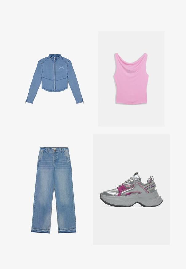 Lühendatud sinepikollane denimjakk, millel on pikad varrukad, lukuga eesmine osa, kõrge krae ja broderi logo vasakul rinnal.; Roosa tank top, millel on ümara kaelusega ja keha vormi järgiv lõige, rinnal "Juicy" rhinestone'idega kirjutatud. Pehme kangatüüp.; Heledu sinine kõrge vöökoht ja laia säärega teksapüksid nupuga kinnitamisel, ees taskud, vöörihmade aasad ja õrnalt kulunud detailid.; Massiivne hõbedane toss roosade detailidega, võrkkangaga paneelid, paks tald ja "Buffalo" brändimärk kannarihmadel ning küljel.