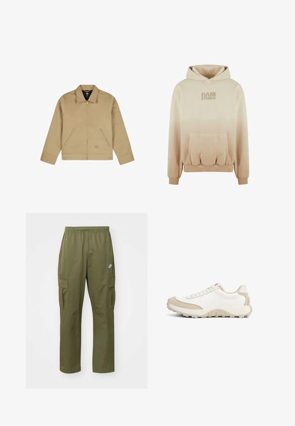 Beige, leichte Jacke mit Kragen, Reißverschluss vorne, zwei seitlichen Taschen und einem Aufnäher am linken Ärmel. Glattes, strapazierfähiges Material mit einer strukturierten Gestaltung.; Beige Oversize-Hoodie mit einer Fronttasche, hochgekrempelten Ärmeln und dem Logo "KANI STUDIOS" in tonalem Druck auf der Brust. Sanfte Stofftextur.; Olivgrüne Cargo-Hosen mit elastischem Bund, zwei seitlichen Taschen und einem kleinen Logo auf dem linken Oberschenkel. Hergestellt aus leichtem Stoff.; Weiße Sneakers mit beigen Wildlederakzenten, strukturiertem Gummisohle und Schnürverschluss. Verfügt über ein geschwungenes Design und ein rotes Logo-Tag an der Seite.