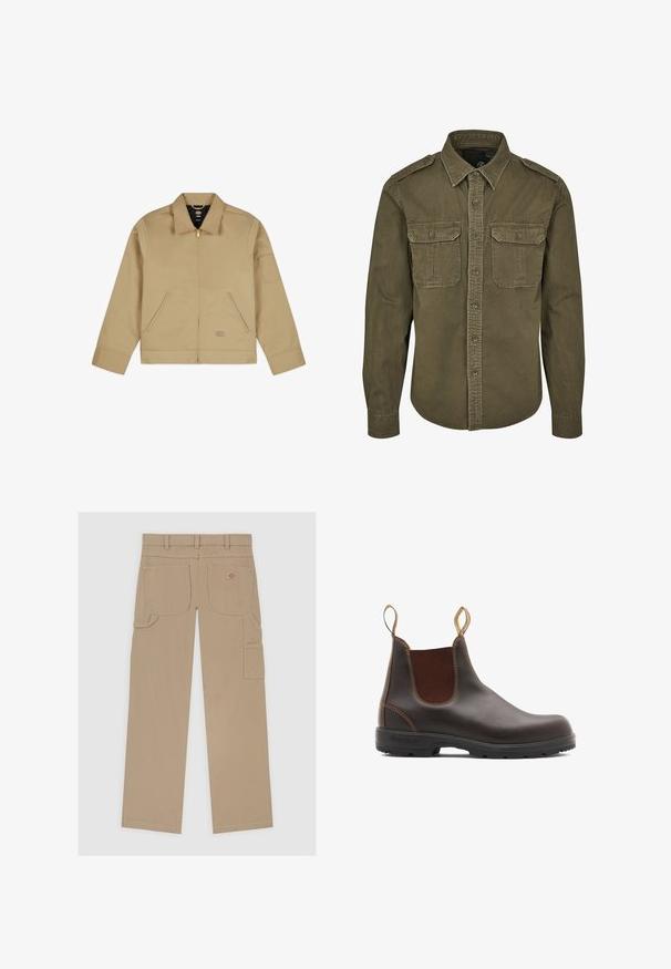 Chaqueta ligera tan con cuello, cierre frontal de cremallera, dos bolsillos laterales y un parche en el brazo izquierdo. Tejido suave y duradero con un diseño estructurado.; Camisa verde oliva de botones hecha de algodón. Cuenta con un cuello, dos bolsillos en el pecho con solapas y hombros estructurados con costuras visibles.; Pantalones cargo beige con un diseño de pierna recta, múltiples bolsillos y una discreta etiqueta de logo en la parte trasera, fabricados con una resistente mezcla de algodón.; Botas Chelsea de cuero marrón con paneles laterales elásticos y tiradores. Parte superior texturizada, suela de goma duradera y detalle de costura en contraste.