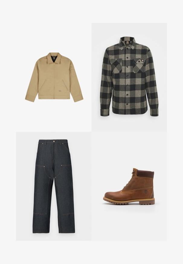 Beige, leichte Jacke mit Kragen, Reißverschluss vorne, zwei seitlichen Taschen und einem Aufnäher am linken Ärmel. Glattes, strapazierfähiges Material mit einer strukturierten Gestaltung.; Schwarzes und graues kariertes Flanellhemd mit langen Ärmeln, Knopfverschluss vorne, zwei Brusttaschen und einem leicht abgerundeten Saum. Strukturiert. ; Dunkelblaue Denim-Jeans mit weitem Bein, kontrastierenden orangefarbenen Nähten, vorderen Taschen und einem klassischen Knopfverschluss.; Braune Lederwanderschuhe mit glatter Oberfläche, gepolstertem Knöchel, Metallösen und einer Gummisohle mit robustem Profil.