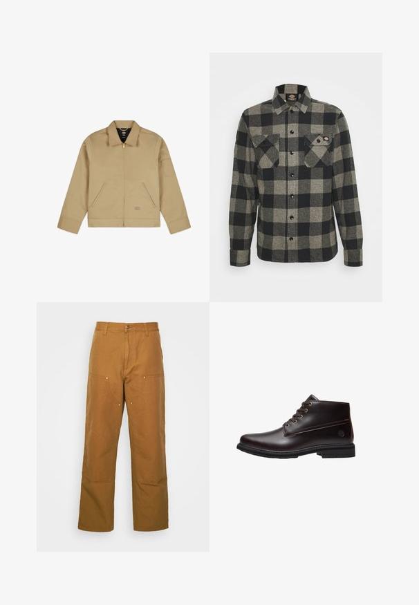 Beige, leichte Jacke mit Kragen, Reißverschluss vorne, zwei seitlichen Taschen und einem Aufnäher am linken Ärmel. Glattes, strapazierfähiges Material mit einer strukturierten Gestaltung.; Schwarzes und graues kariertes Flanellhemd mit langen Ärmeln, Knopfverschluss vorne, zwei Brusttaschen und einem leicht abgerundeten Saum. Strukturiert. ; Braune Baumwoll-Arbeitshosen mit geradem Bein, die über Vordertaschen und Metallakzente für zusätzliche Strapazierfähigkeit verfügen.; Dunkelbrauner Leder-Schnürstiefel mit schwarzer Sohle und dezentem Markenlogo an der Seite, im Profil vor weißem Hintergrund gezeigt.