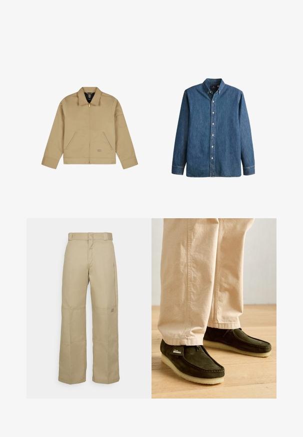 Beige, leichte Jacke mit Kragen, Reißverschluss vorne, zwei seitlichen Taschen und einem Aufnäher am linken Ärmel. Glattes, strapazierfähiges Material mit einer strukturierten Gestaltung.; Denim-Hemd in Mittelblau, mit langen Ärmeln, spitzem Kragen, weißen Knöpfen und einer taillierten Passform sowie dezentem Logostick.; Beige, weit geschnittene Hosen aus robustem Stoff, mit hoher Taille, sichtbaren Nähten und einem kleinen Logopatch an der Seite.; Grüne Wildleder-Mokassins mit einer Schnürung und einer cremefarbenen, strukturierten Gummisohle, kombiniert mit hellbeigen Hosen.