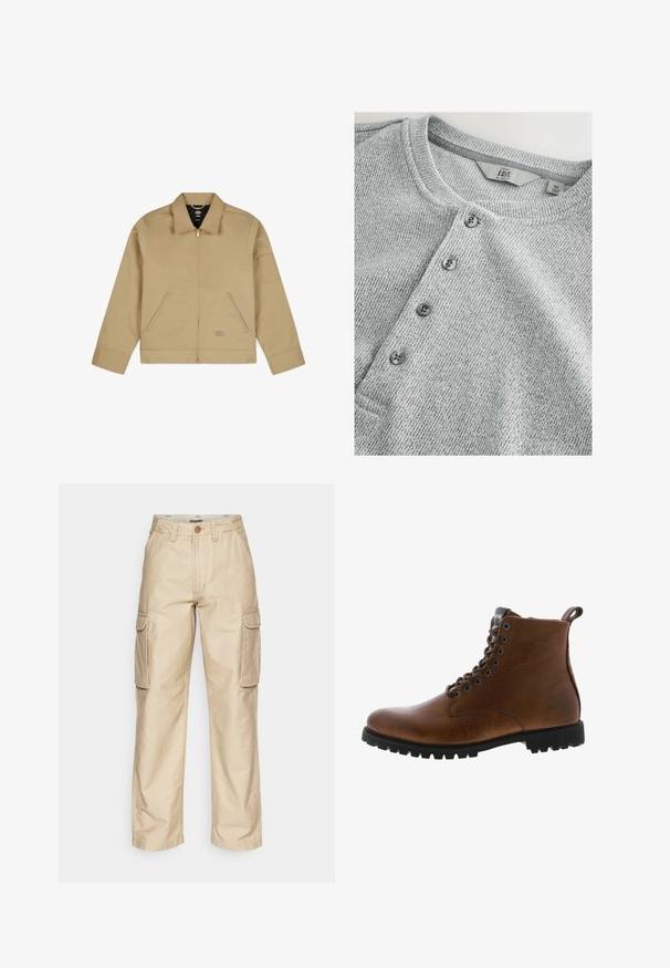 Lichte tan jas met kraag, ritssluiting aan de voorkant, twee zijzakken en een patch op de linkerarm. Glad, duurzaam materiaal met een gestructureerd ontwerp.; Grijze gebreide shirt met lange mouwen en een ronde halslijn, vijf knopen sluiting, ribbelstructuur en een slim fit ontwerp. Label geeft maat M aan.; Beige cargobroeken met twee zijzakken, knoopsluiting, riemlussen en eenrechtlopende pasvorm. Gemaakt van duurzaam katoen.; Bruine leren enkelbotten met een gestructureerde afwerking, metalen oogjes en een zwarte rubberen profielzool. Voorzien van een trekband aan de achterkant voor gemakkelijke instap.