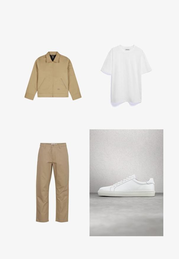 Beige, leichte Jacke mit Kragen, Reißverschluss vorne, zwei seitlichen Taschen und einem Aufnäher am linken Ärmel. Glattes, strapazierfähiges Material mit einer strukturierten Gestaltung.; Weißes T-Shirt mit kurzen Ärmeln aus weicher Baumwolle. Rundhalsausschnitt, lockere Passform, minimalistisches Design ohne Muster oder Grafiken.; Beige Baumwollhose mit geradem Bein, ausgestattet mit einem vorderen Knopf- und Reißverschluss, Seitentaschen und einem sauberen Finish.; Weißer Sneaker mit glattem Lederobermaterial und niedrigem Profil. Verfügt über eine runde Zehenpartie, sechs Ösen und eine strukturierte Gummisohle.