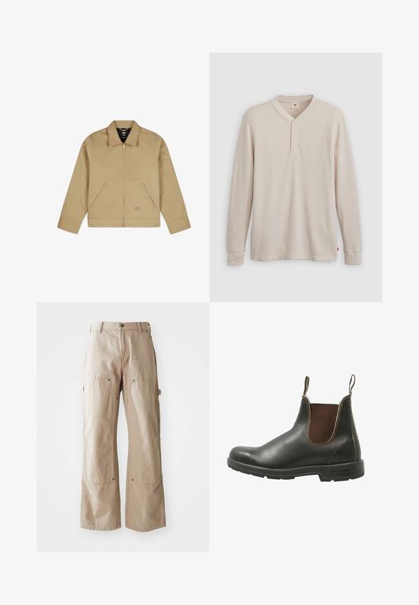 Lichte tan jas met kraag, ritssluiting aan de voorkant, twee zijzakken en een patch op de linkerarm. Glad, duurzaam materiaal met een gestructureerd ontwerp.; Lange mouwen henley-shirt in lichtbeige ribbelstof, met een V-hals, een drieknoopsluiting en manchetten. Rode logo-label aan de onderkant.; Beige wijde broek van stevige katoen. Heeft voor- en zijzakken, zichtbare stiksels en metalen accenten op de zakken.; Chelsea-boots van glad zwart leer met bruine elastische zijpanelen, contrasterende stiksels en een gestructureerde rubberen zool.