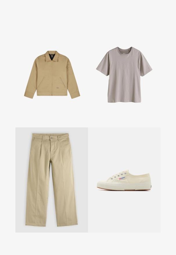 Chaqueta ligera tan con cuello, cierre frontal de cremallera, dos bolsillos laterales y un parche en el brazo izquierdo. Tejido suave y duradero con un diseño estructurado.; Camiseta de algodón de manga corta y cuello redondo en gris claro, diseño liso, mostrada extendida sobre un fondo blanco.; Pantalones beige de pierna recta con pliegues frontales, trabillas para cinturón, bolsillos laterales y cierre de botón en la cintura.; Zapatillas de lona beige con un diseño de perfil bajo, ojales de metal y suela de goma. Presenta un patrón texturizado y detalle del logo en el lateral.