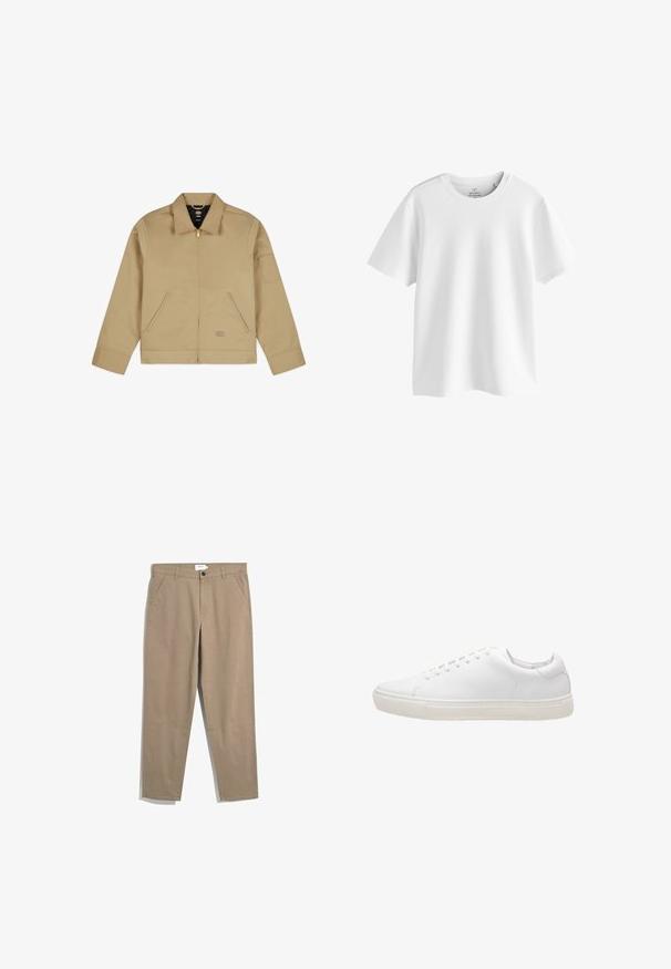 Beige, leichte Jacke mit Kragen, Reißverschluss vorne, zwei seitlichen Taschen und einem Aufnäher am linken Ärmel. Glattes, strapazierfähiges Material mit einer strukturierten Gestaltung.; Schlichtes weißes T-Shirt mit kurzen Ärmeln und Rundhalsausschnitt in regulärer Passform, auf weißem Hintergrund gezeigt.; Farah NORWOOD - Stoffhose - beige; Weiße Leder-Sneaker mit glatter Textur, runder Zehenpartie, Schnürverschluss und flacher Gummisohle. Minimalistisches Design ohne sichtbare Muster.
