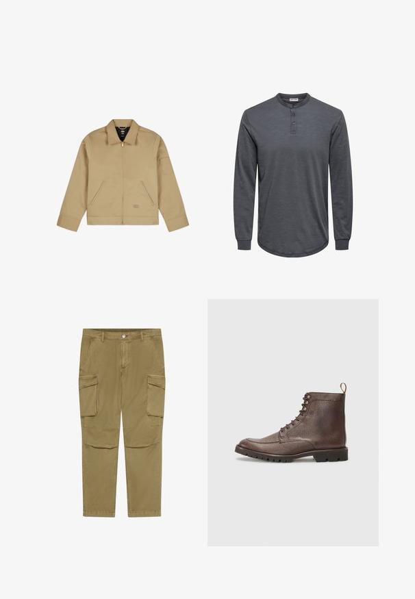 Chaqueta ligera tan con cuello, cierre frontal de cremallera, dos bolsillos laterales y un parche en el brazo izquierdo. Tejido suave y duradero con un diseño estructurado.; Camiseta henley de manga larga y color gris, confeccionada con tela suave, que presenta un dobladillo redondeado, una tapeta con tres botones y puños acanalados.; Pantalones cargo caqui con cierre de botón y cremallera, que cuentan con bolsillos con solapa lateral y bolsillos frontales angulados.; Hackett London SLOANE APRON - Botines con cordones - dark mocca brown