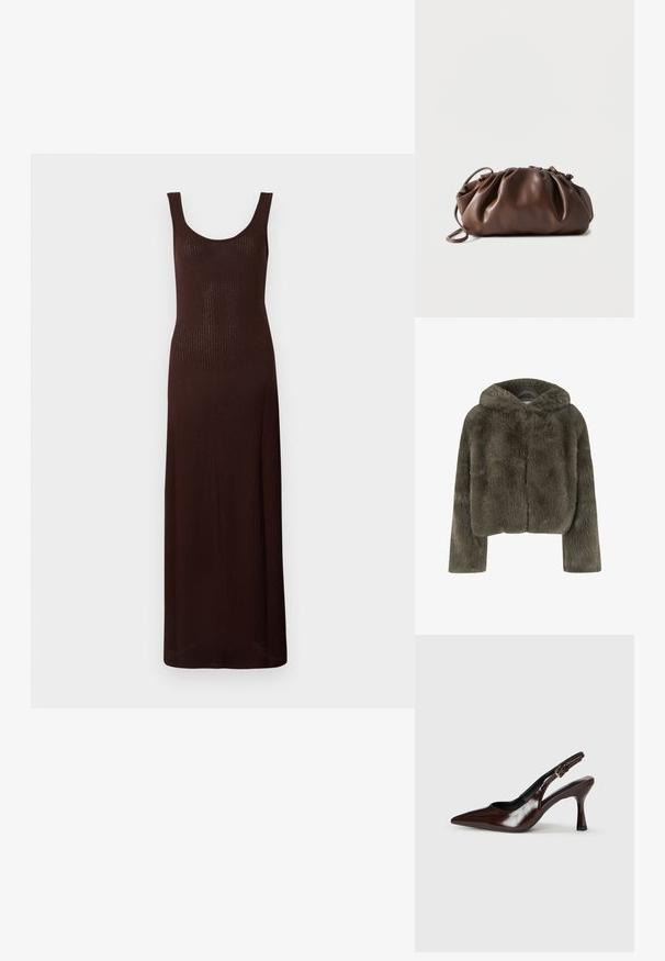 Veste à capuche raccourcie en fausse fourrure gris foncé. Elle possède des manches longues et une surface douce et texturée avec un design simple et épuré.; Robe maxi marron côtelée avec un décolleté en scoop et un design sans manches, présentant une silhouette ajustée et une texture lisse.; Talons slingback en cuir verni brun avec un bout pointu, un talon fin, et une sangle réglable avec une petite boucle.; Sacoche en cuir marron doux avec un haut froncé et une fine bandoulière, posée sur un fond blanc.