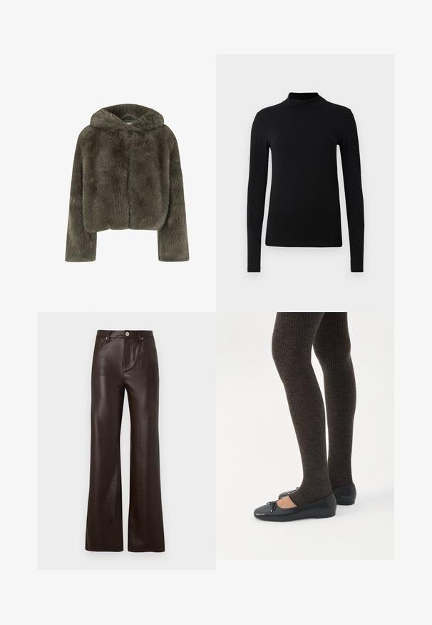 Veste à capuche raccourcie en fausse fourrure gris foncé. Elle possède des manches longues et une surface douce et texturée avec un design simple et épuré.; Chemise à col roulé noir à manches longues en tissu lisse ; design ajusté avec un col haut et sans coutures visibles. Couleur unie et simple.; Vero Moda Wide-leg VMTESSA High rise - Pantalon classique - chocolate torte; Jambes portant des leggings côtelés foncés associés à des ballerines noires avec de petits détails en nœud sur fond blanc.