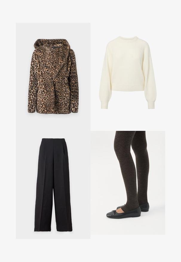 Veste en fausse fourrure imprimé léopard avec un large col et des manches longues, présentée sur un fond uni.; Pull en maille crème à manches longues avec un col rond côtelé, des poignets et un ourlet.; Pantalons taille haute en tissu fluide, à large jambe, avec des plis à l'avant, offrant un look ajusté et une grande liberté de mouvement.; Jambes portant des leggings côtelés foncés associés à des ballerines noires avec de petits détails en nœud sur fond blanc.