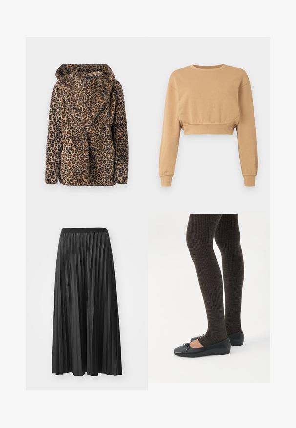 Veste en fausse fourrure imprimé léopard avec un large col et des manches longues, présentée sur un fond uni.; Sweatshirt court en marron clair, fabriqué en tissu doux. Il dispose de manches longues, d'un col rond et d'un élastique discret aux poignets et à l'ourlet.; Jupe maxi plissée noire avec une texture lisse et une taille élastique, dotée de plis verticaux qui créent du volume et du mouvement.; Jambes portant des leggings côtelés foncés associés à des ballerines noires avec de petits détails en nœud sur fond blanc.