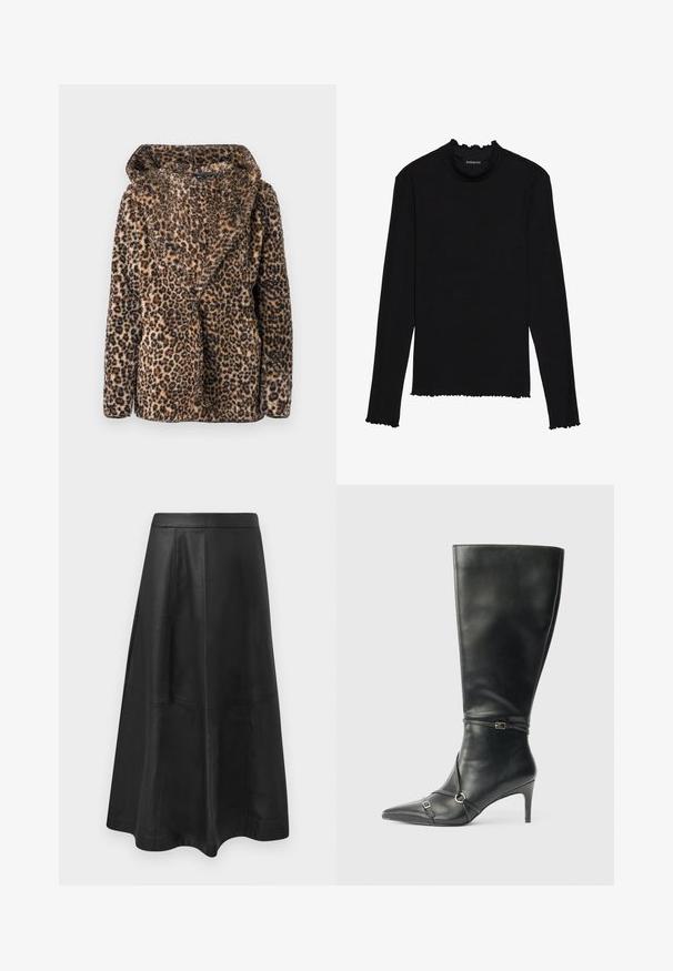 Veste en fausse fourrure imprimé léopard avec un large col et des manches longues, présentée sur un fond uni.; Haut noir à manches longues en tissu côtelé, présentant un col montant à volants et des bords bruts pour un aspect texturé.; Jupe midi en cuir noir avec une silhouette évasée, présentant des coutures détaillées et une texture lisse. Pas de matériel ou d'accents visibles.; Bottes noires en cuir montant jusqu'au genou, avec un talon fin, un bout pointu et des détails de lanière à la cheville. Texture lisse et design ajusté.