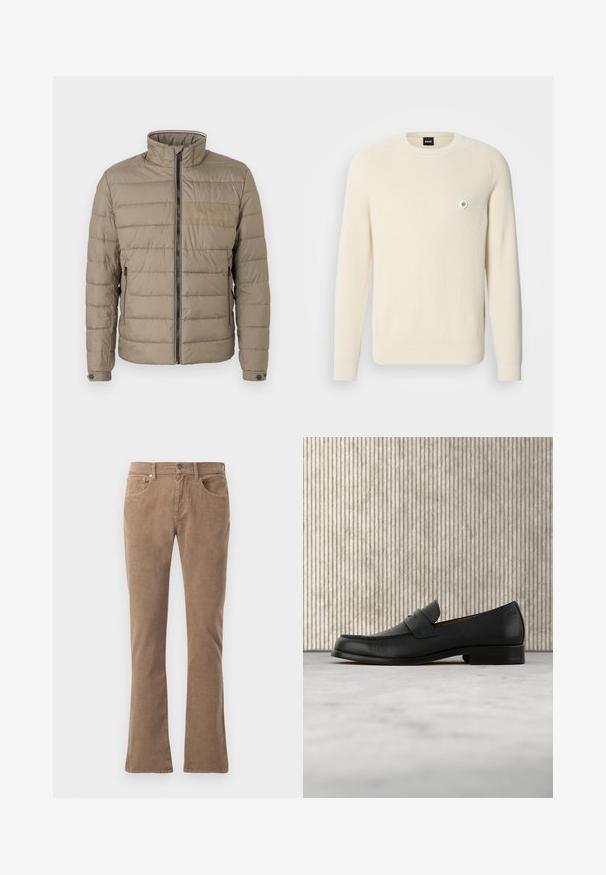 Veste matelassée de couleur marron clair, dotée d'un col haut, d'une fermeture éclair à l'avant et de poches latérales. Tissu texturé avec des coutures horizontales et un accent de logo.; Pull de couleur crème en tissu côtelé, doté d'un col rond, de manches longues et d'un petit logo circulaire sur la poitrine gauche.; Pantalons en velours côtelé marron avec une jambe droite, cinq poches et une fermeture à boutons et à zip. Des côtes texturées courent verticalement sur le tissu.; Mocassin en cuir noir flottant au-dessus d'un tapis beige avec une table ronde brune brillante en arrière-plan.