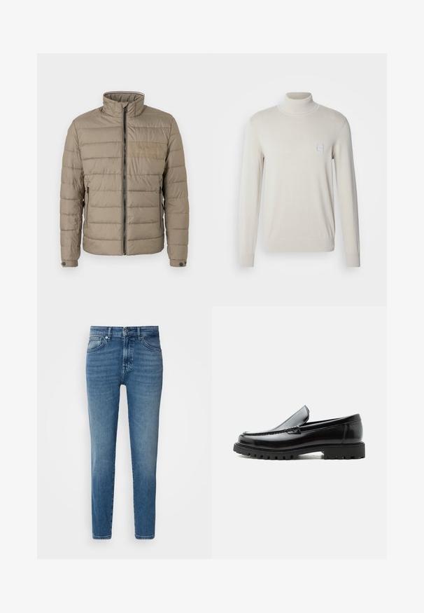 Veste matelassée de couleur marron clair, dotée d'un col haut, d'une fermeture éclair à l'avant et de poches latérales. Tissu texturé avec des coutures horizontales et un accent de logo.; Pull à col roulé beige clair en tricot doux, avec des manches longues et un petit patch en forme de carré sur la poitrine.; Jeans en denim bleu clair avec une coupe droite, design traditionnel à cinq poches, fermeture par bouton en métal et décoloration subtile à l'avant.; Mocassin en cuir noir avec semelle en caoutchouc épaisse, dessus cousu et nom de marque embossé sur le talon, présenté de profil sur fond blanc.
