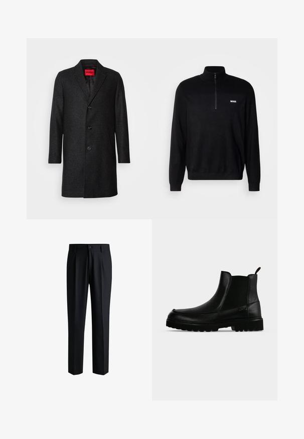 Sort uldfrakke med skræddersyet pasform, klippet revers, treknaps lukning og sidelommer. Fodret indre med mærketag.; Sort pullover sweater med halv-zip krave, der har ribbet tekstur på skuldrene og et lille hvidt "BOSS" logo på brystet.; Sorte bukser lavet af glat stof, med lige ben-design, plisseringer foran og knaplukning med bæltestropper.; Sort læderankelstøvle med tekstureret sål, elastiske sidepaneler og træksnor på en lysegrå baggrund.