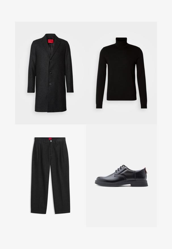 Sort uldfrakke med skræddersyet pasform, klippet revers, treknaps lukning og sidelommer. Fodret indre med mærketag.; Sort turtleneck sweater lavet af et fint strikket stof, der har lange ærmer og en tætsiddende silhuet. Glat tekstur med ribbede manchetter.; Sorte bukser med høj talje med forreste læg, bæltestropper, knap og lynlås lukning samt en rød label indeni linningen.; Sorte snørestøvler i læder med glat tekstur, rundet tå og diskrete syningsdetaljer. Har en rød trækflig på hælen.