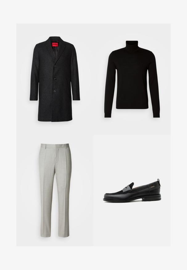 Sort uldfrakke med skræddersyet pasform, klippet revers, treknaps lukning og sidelommer. Fodret indre med mærketag.; Sort turtleneck sweater lavet af et fint strikket stof, der har lange ærmer og en tætsiddende silhuet. Glat tekstur med ribbede manchetter.; Lysegrå, skræddersyede bukser lavet af glat stof med lige snit, for-pressede læg og klassisk linning med bæltestropper.; Sort læderloafer med grå remdetalje, lav hæl og tekstureret sål, mærket med "HUGO" i guld på siden.