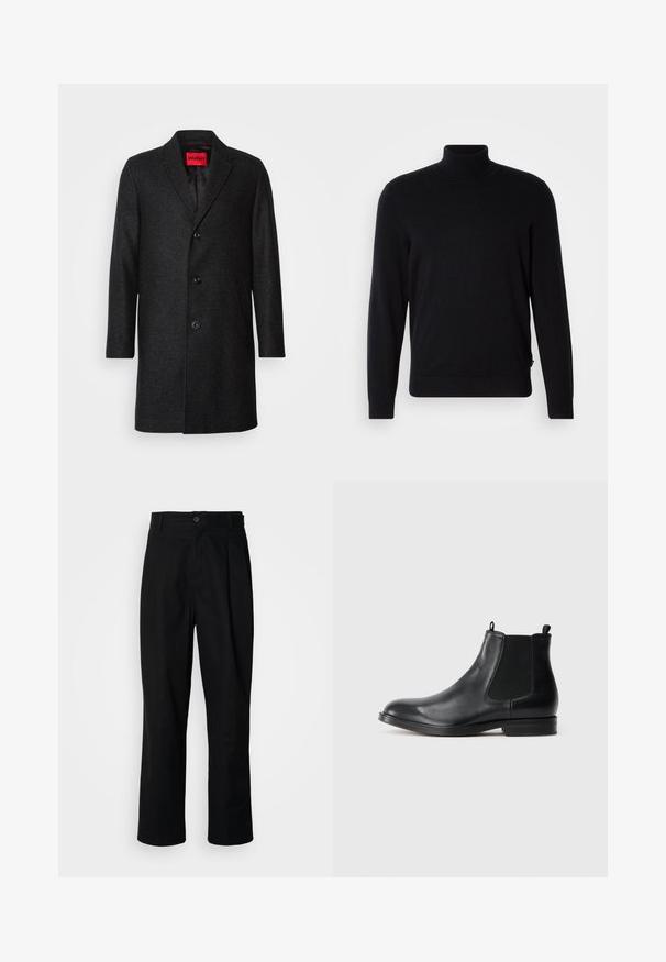 Sort uldfrakke med skræddersyet pasform, klippet revers, treknaps lukning og sidelommer. Fodret indre med mærketag.; Sort rullekravesweater lavet af strikkemateriale, med lange ærmer og et tætsiddende design. Glat tekstur med ribbet hals og kant.; Sorte lige ben bukser med en knaplukket talje, bæltestropper og en frontfold, præsenteret mod en ensfarvet hvid baggrund.; Sorte læder Chelsea støvler med elastiske sidepaneler, rund tå, trækstrop og en lav blokhæl. Glat tekstur og minimalistisk design.