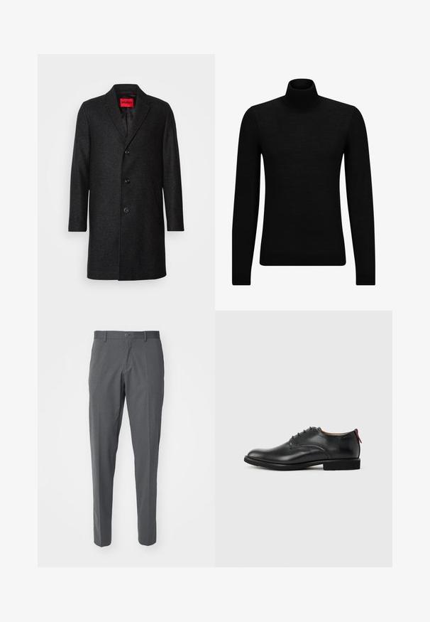 Sort uldfrakke med skræddersyet pasform, klippet revers, treknaps lukning og sidelommer. Fodret indre med mærketag.; Sort turtleneck sweater lavet af blødt materiale, med lange ærmer og en tætsiddende pasform. Ribbet trim ved kanten og manchetter. Simpelt design.; Grå bukser lavet af et glat stof, der har en knaplukning, forlommer og en slim fit-design.; Sort herresko i læder med snørebånd foran og rød træktab på hælen mod en ensfarvet baggrund.
