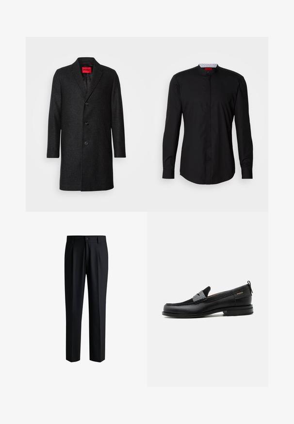 Zwarte wollen jas met een getailleerde pasvorm, notched lapel, drieknops sluiting en zijzakken. Gevoerd interieur met een merklabel.; Zwart shirt met lange mouwen en een mandarijnkraag, gemaakt van een gladde stof, met een knoopsluiting aan de voorkant en subtiele designdetails.; Zwarte broek van gladde stof, met een rechte pijpdesign, plooien aan de voorkant en een knoopsluiting met riemlussen.; Zwarte leren loafer met grijs riemdetailelement, lage hak en gestructureerde zool, aan de zijkant gebrandmerkt met "HUGO" in goud.