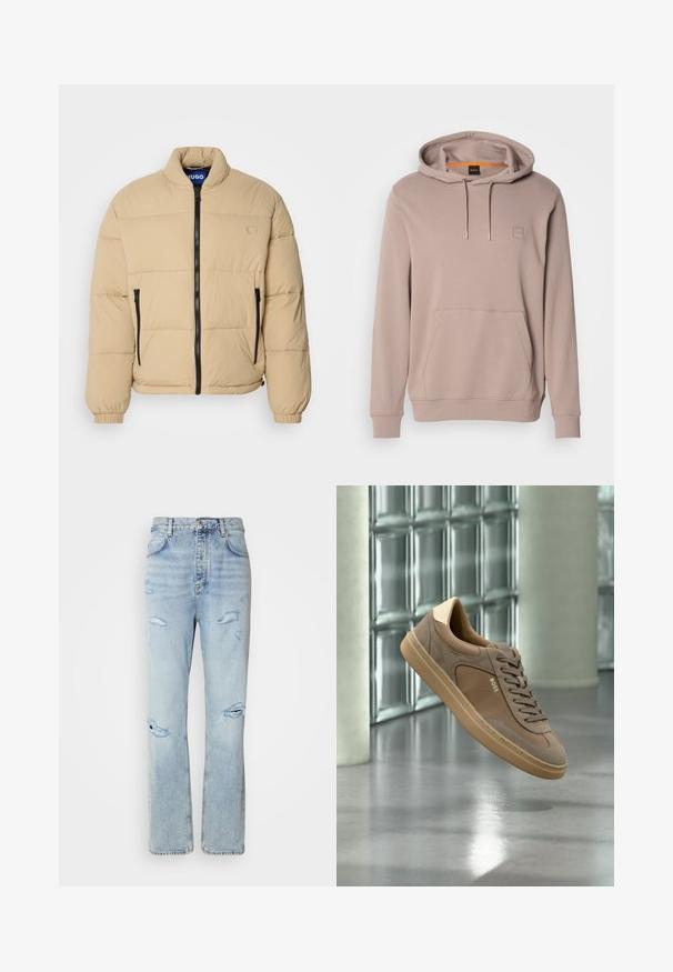 Doudoune beige avec col montant, fermeture éclair à l'avant et deux poches zippées. Présente un motif matelassé et des poignets élastiques. Logo sur la poitrine.; Sweat à capuche brun clair avec poche avant et cordons, arborant un petit patch logo carré sur la poitrine.; Jean en denim délavé avec une coupe décontractée, présentant des zones déchirées et des bords effilochés. Le tissu a une texture douce et lisse.; Baskets décontractées beiges avec lacets et logo « BOSS », flottant au-dessus d’un sol en béton poli avec un mur en blocs de verre en arrière-plan.