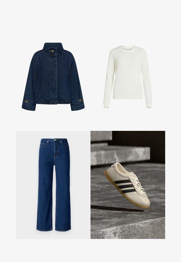 Jeansjakke i mørkeblå. Har en høj krave, frontlukning med knapper og sidelommer. Manchetter med messingknapper.; Hvid strikket sweater med et tekstureret mønster, rund halsudskæring og ribbede ærmer samt kant. Stoffet ser blødt og tykt ud.; Bredde ben denimjeans i mørkeblå, med et klassisk fem-lomme design, diskret syninger og en metalknaplukning ved taljen.; Hvid sneaker med sorte striber og gummisål svæver over betontrapper i blødt dagslys.