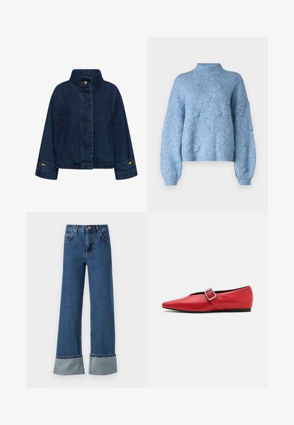 Jeansjacke in Dunkelblau. Mit hohem Kragen, vorderem Knopfverschluss und Seitentaschen. Umschlagärmel mit Messingknöpfen.; Vero Moda Knitted VMGAIL Knitted - Strickpullover - allure; Weite blaue Jeans mit fransigem Saum und silbernen dekorativen Akzenten an den Bündchen. Verfügt über einen Knopfverschluss und ein Fünf-Taschen-Design.; Rote Leder-Ballerina mit einer spitzen Zehe, ausgestattet mit einem Seitenriemen mit einer Metallschnalle und einem niedrigen schwarzen Absatz. Glatte Textur über die gesamte Fläche.