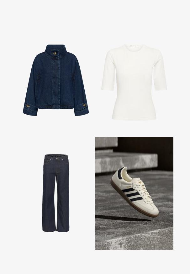 Jeansjacke in Dunkelblau. Mit hohem Kragen, vorderem Knopfverschluss und Seitentaschen. Umschlagärmel mit Messingknöpfen.; Weißes, figurbetontes Kurzarmshirt mit Rundhalsausschnitt und Etikett "GESTUZ" am Kragen.; Dunkelblaues, weites Jeanspaar mit hoher Taille, das über fünf Taschen, kontrastierende Nähte und einen rohen Saum am unteren Ende verfügt.; Weißer Adidas Samba Sneaker mit schwarzen Streifen und Gummisohle, schwebend über strukturierten grauen Betontreppen.
