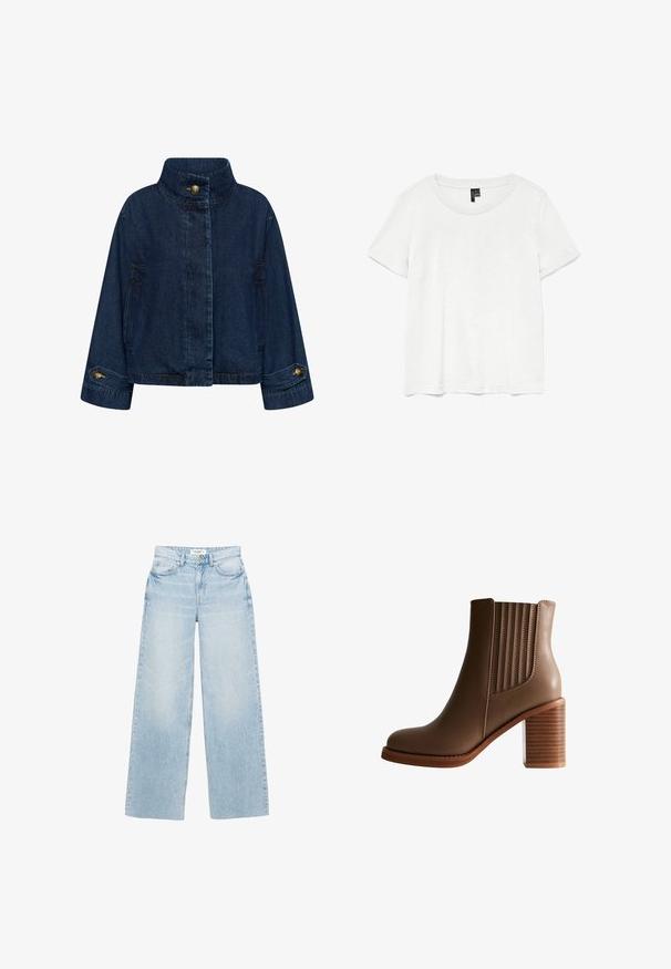 Jeansjacke in Dunkelblau. Mit hohem Kragen, vorderem Knopfverschluss und Seitentaschen. Umschlagärmel mit Messingknöpfen.; Weißes T-Shirt mit kurzen Ärmeln und rundem Ausschnitt, hergestellt aus leichtem Stoff. Schlichtes Design, glatte Textur und gerader Saum.; Jeans mit weitem Bein und heller Waschung aus Denim. Verfügt über eine hohe Taille, fünf Taschen und einen Reißverschluss mit Knopfverschluss. Leicht distressed Oberfläche.; Braune Leder-Stiefelette mit gestapeltem Blockabsatz und elastischen Seitenpaneelen für einfaches An- und Ausziehen, im Profil auf weißem Hintergrund dargestellt.