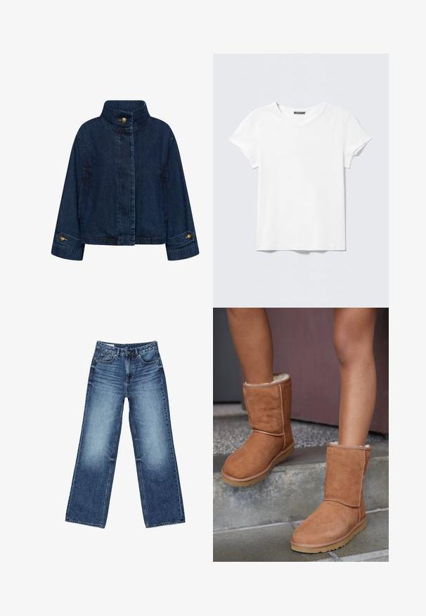 Jeansjakke i mørkeblå. Har en høj krave, frontlukning med knapper og sidelommer. Manchetter med messingknapper.; Enkelt hvid T-shirt med korte ærmer og V-hals, med et lille "WEEKDAY" mærke indeni kraven, vist mod en lysegrå baggrund.; Blå vidtsiddende jeans i denim med forlommer og møntlomme foran, knaplukning og falmet vask på lår og knæ.; Brune ruskind ankelstøvler med rund tå, blødt foer og gummisål, der har synlige stikninger langs sømmene.